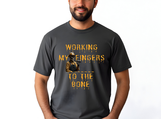 Person wearing a black t-shirt with a graphic and text on a white background